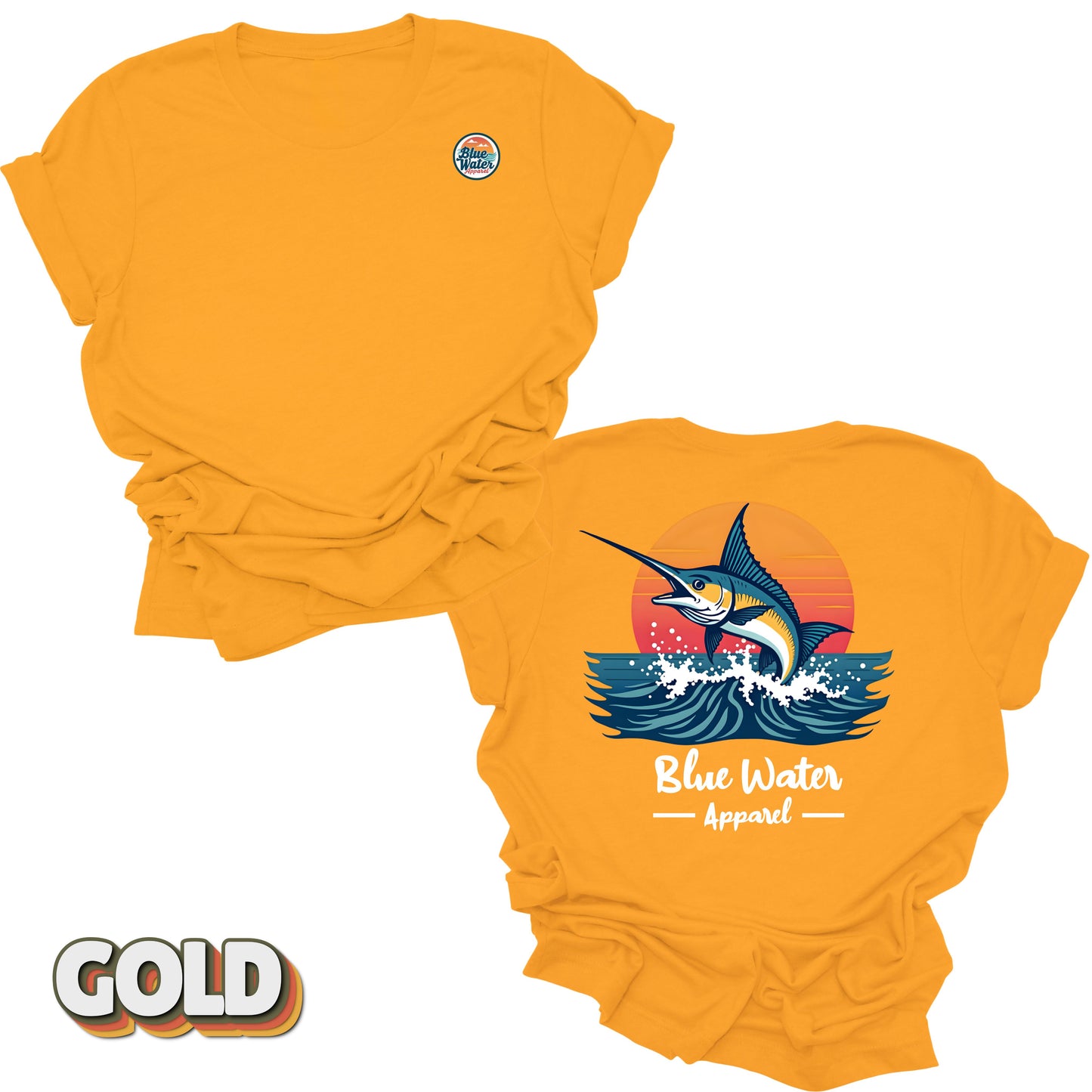 Back graphic of vintage marlin tee in Gold by Blue Water Apparel