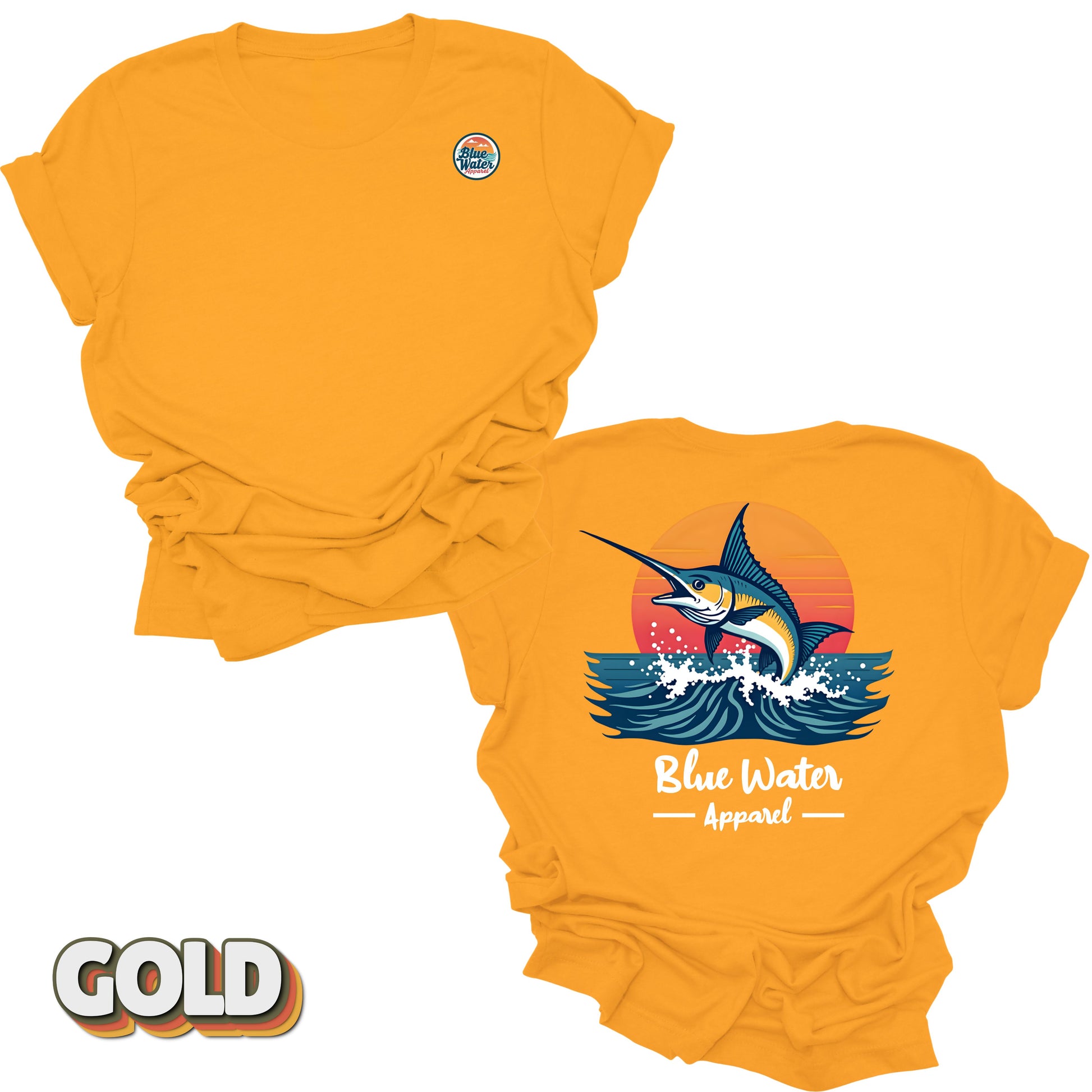 Back graphic of vintage marlin tee in Gold by Blue Water Apparel