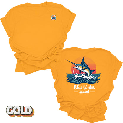 Back graphic of vintage marlin tee in Gold by Blue Water Apparel