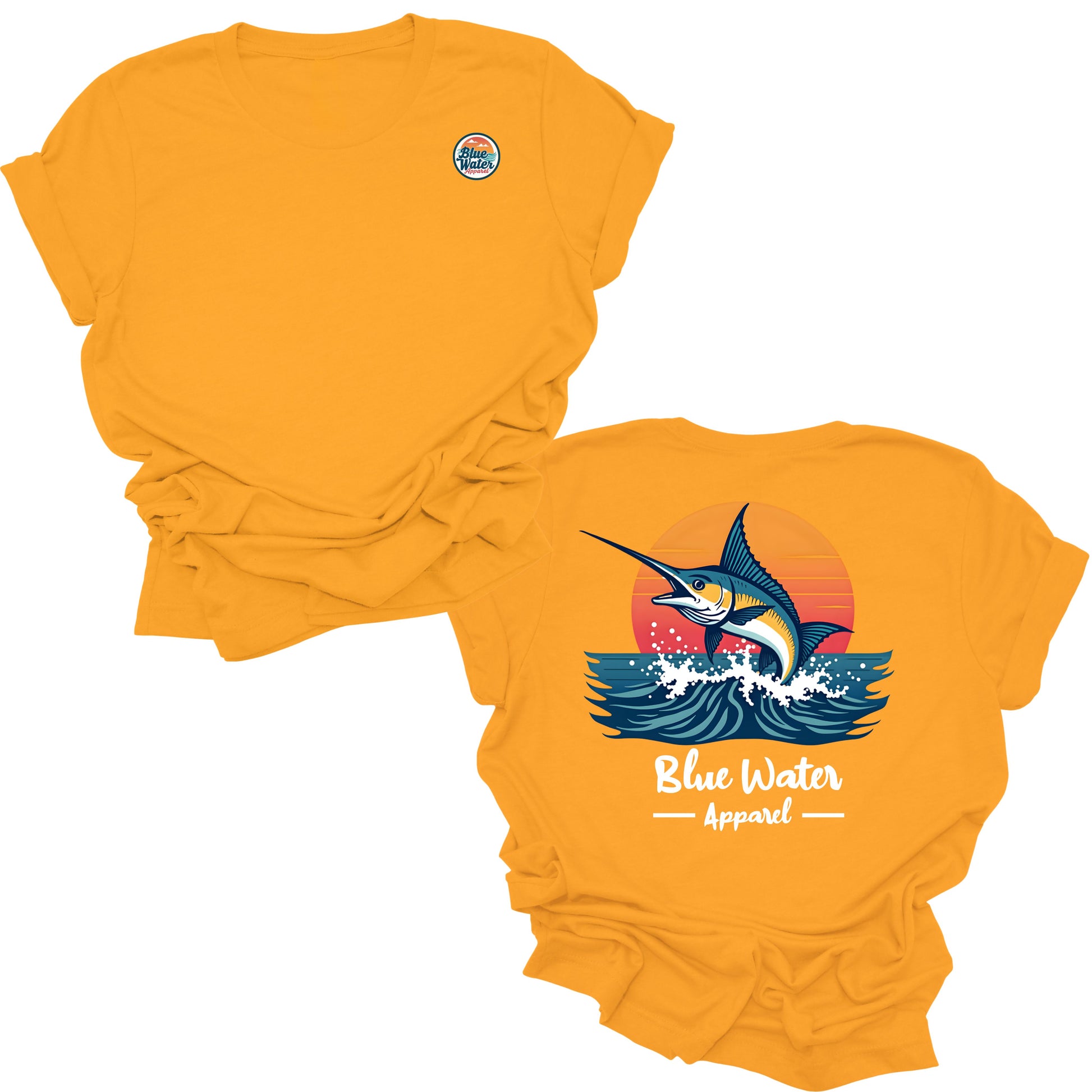 flat lay gold vintage marlin tee by blue water apparel