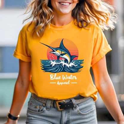 Model wearing a Vintage Marlin tee in gold by blue water apparel