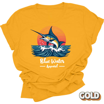 front graphic vintage marlin tee in gold by blue water apparel