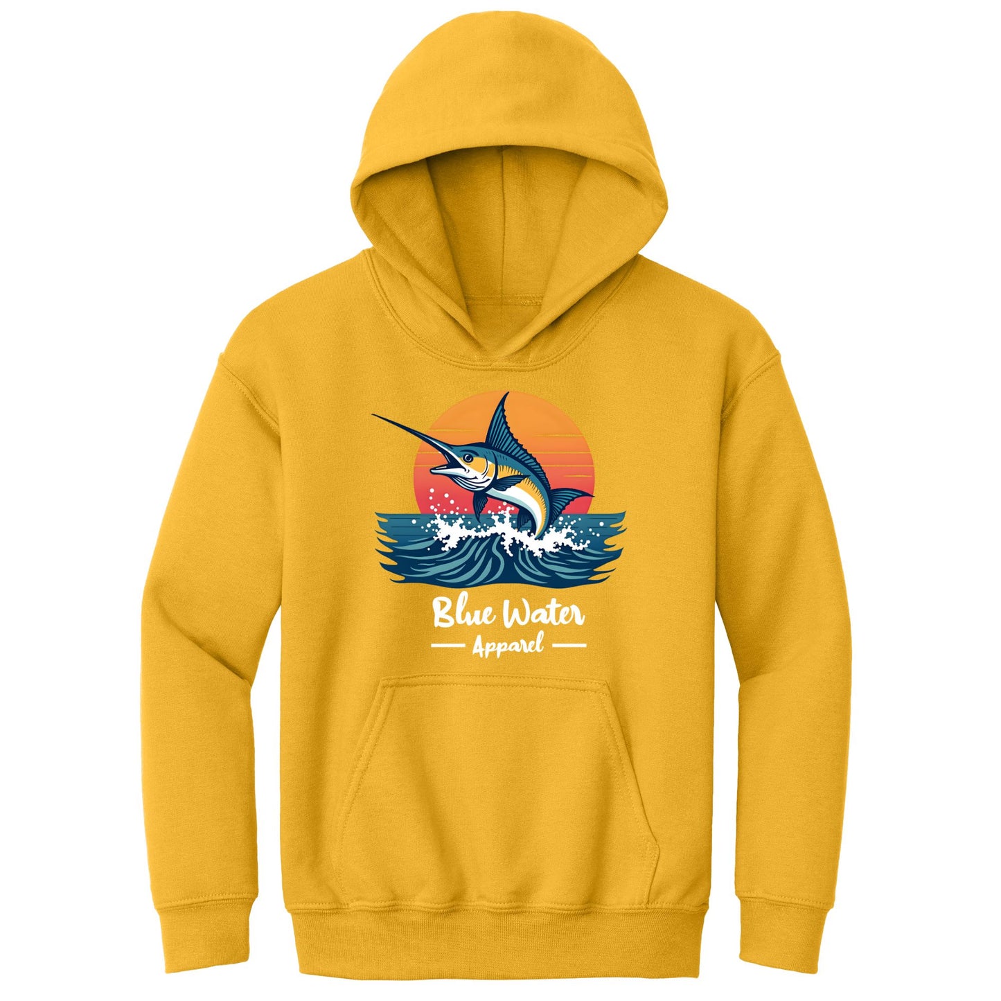 flat lay gold vintage marlin kids hoodie by blue water apparel