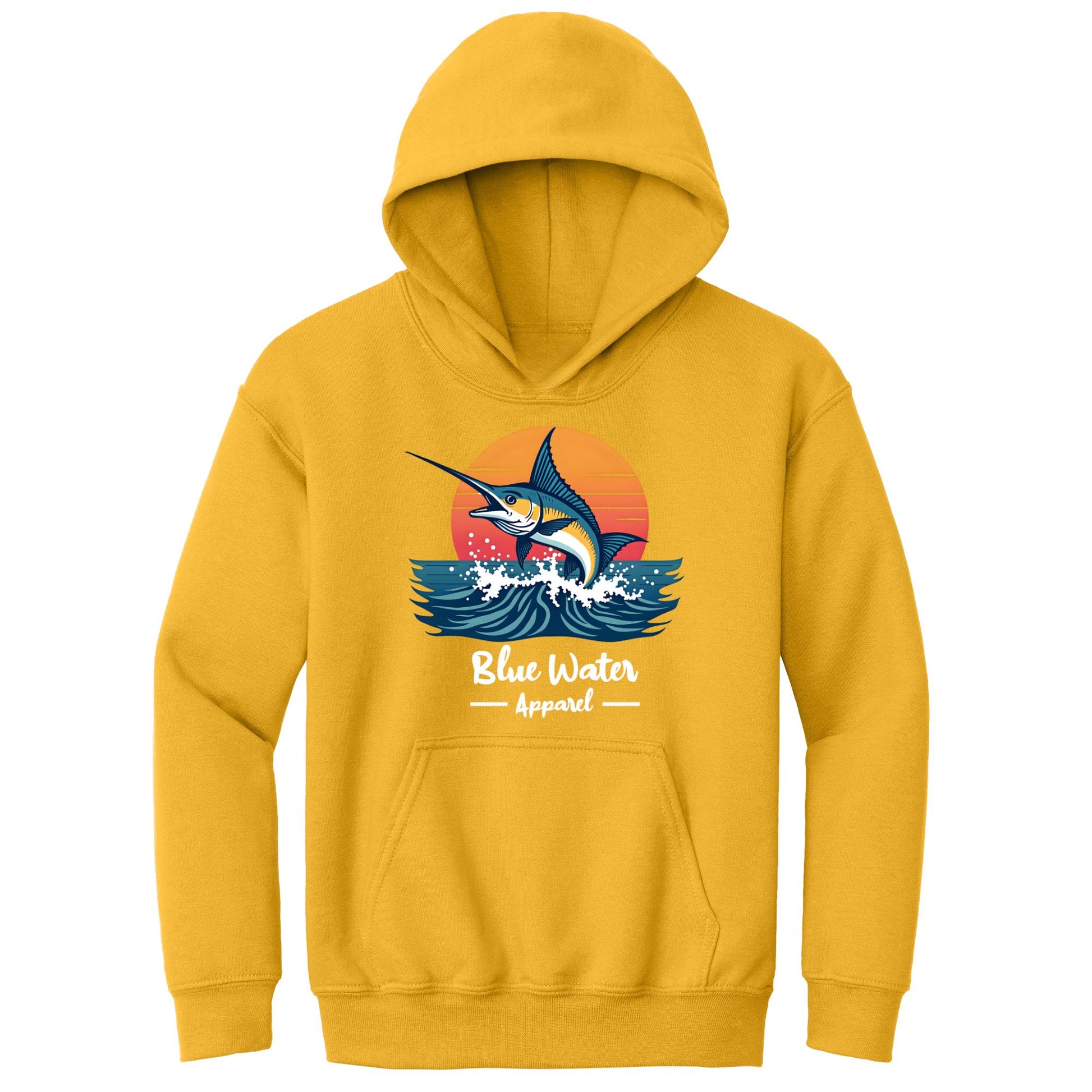 flat lay gold vintage marlin kids hoodie by blue water apparel