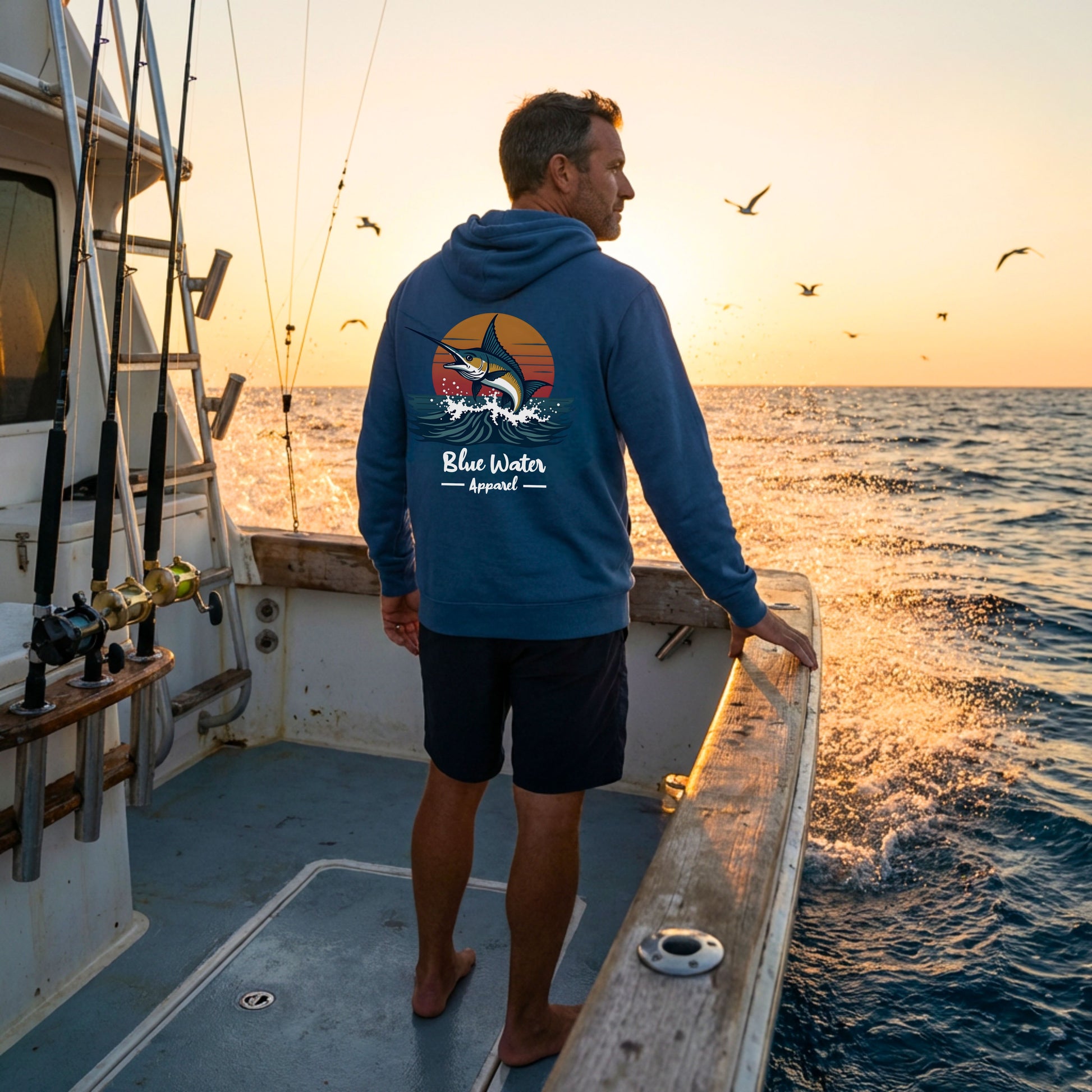 man wearing indigo blue vintage marlin  hoodie standing on deck of fishing boat by blue water apparel