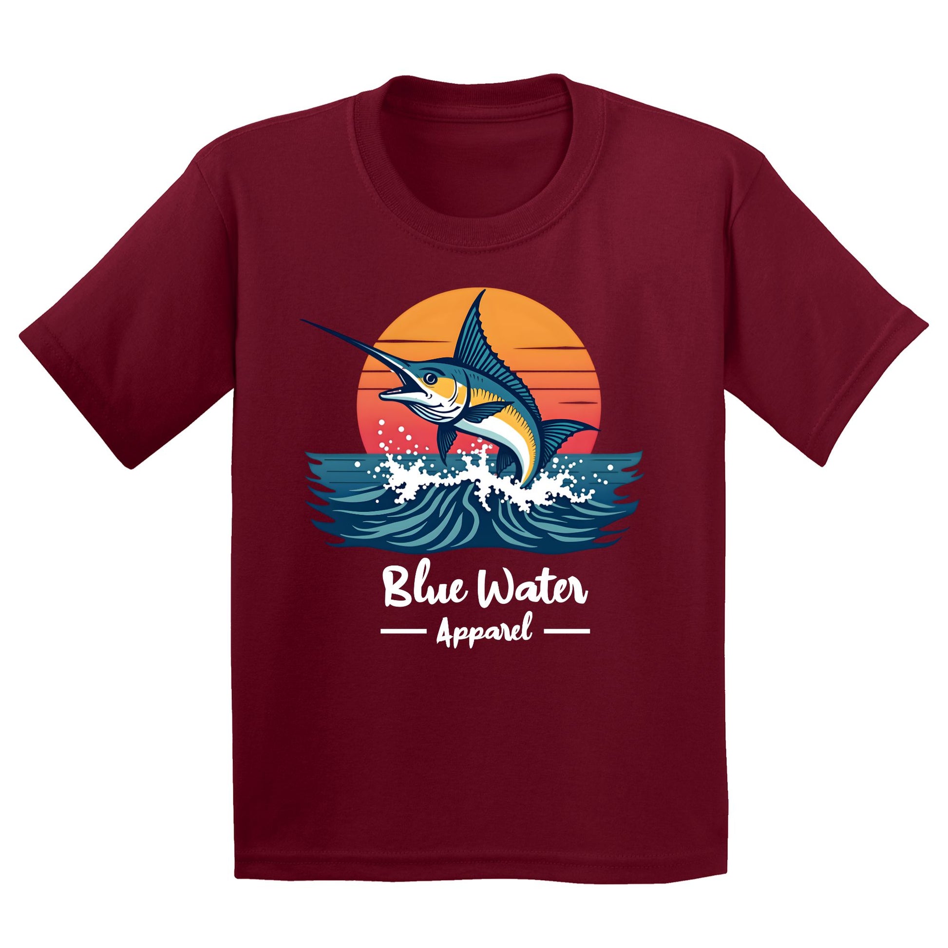flat lay cardinal red vintage marlin kids tee by blue water apparel