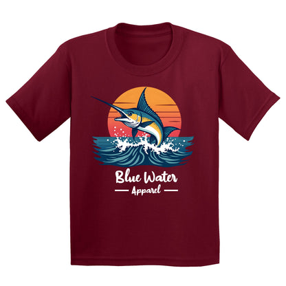 flat lay cardinal red vintage marlin kids tee by blue water apparel