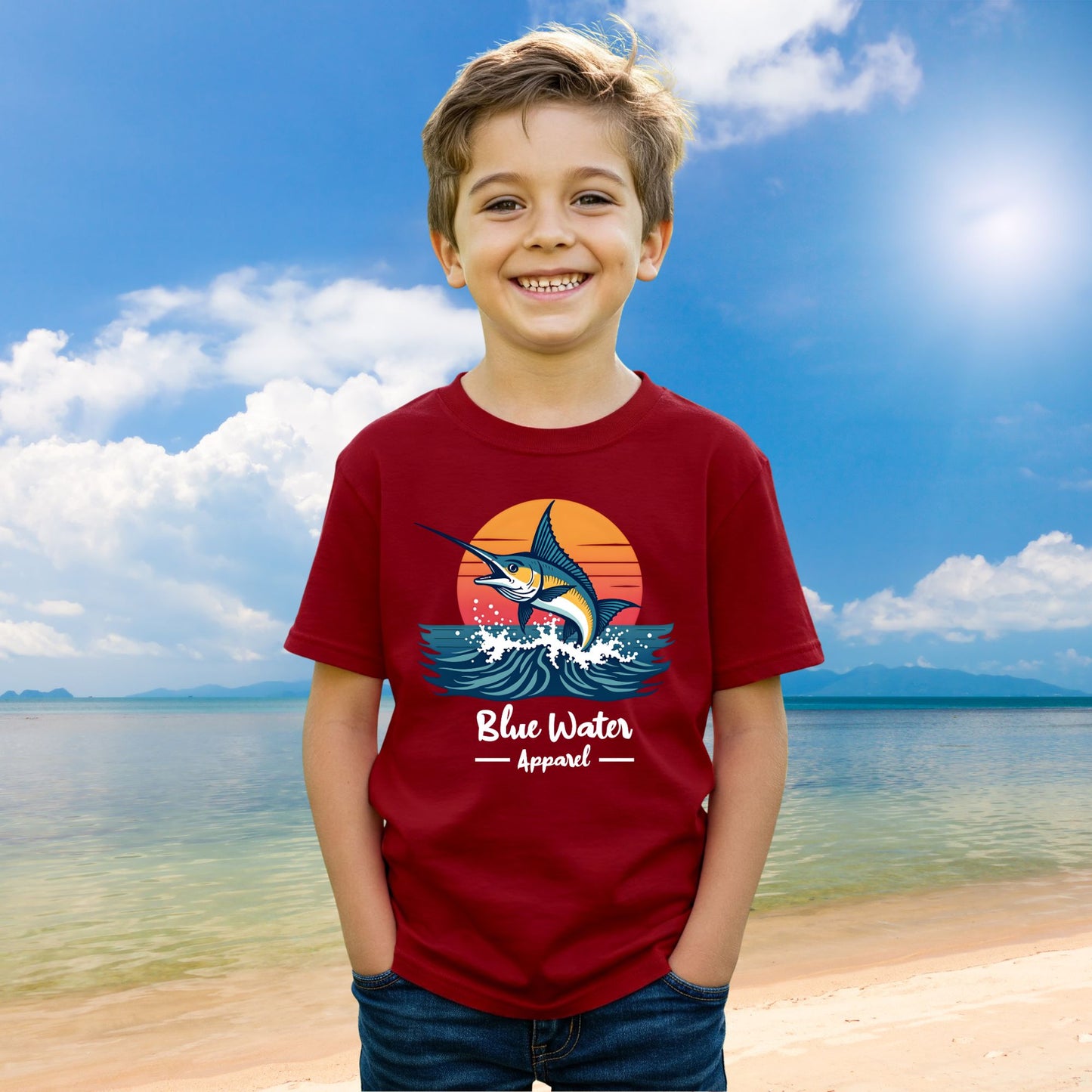 Model wearing the Vintage Marlin tee in Cardinal Red by blue water apparel