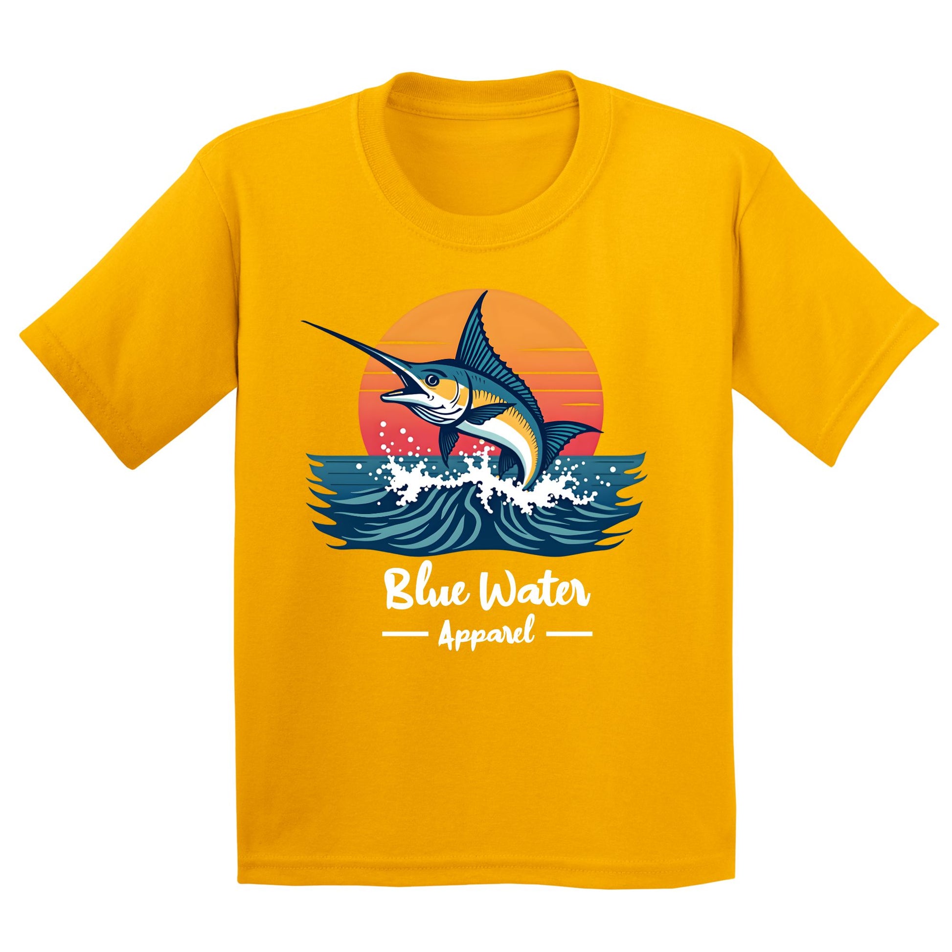 flat lay gold vintage marlin kids tee by blue water apparel