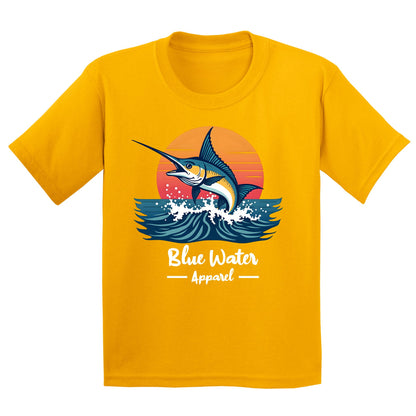 flat lay gold vintage marlin kids tee by blue water apparel