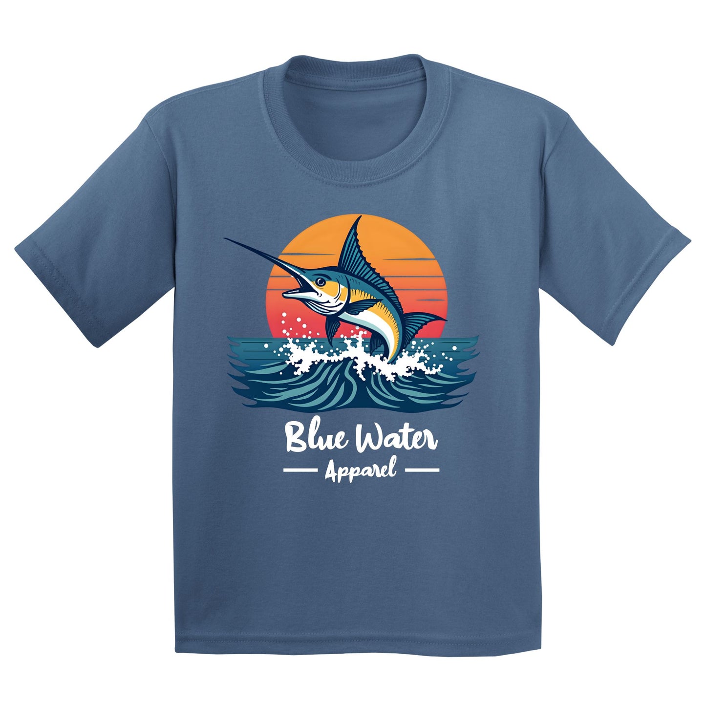 flat lay indigo blue vintage marlin kids tee by blue water apparel