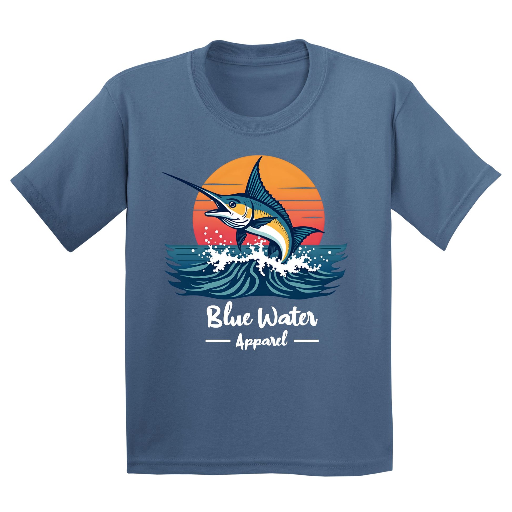 flat lay indigo blue vintage marlin kids tee by blue water apparel