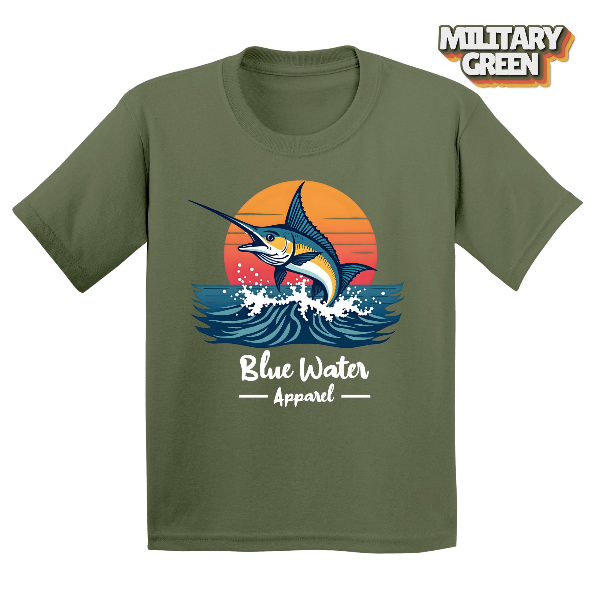 vintage marlin tee in military green by blue water apparel