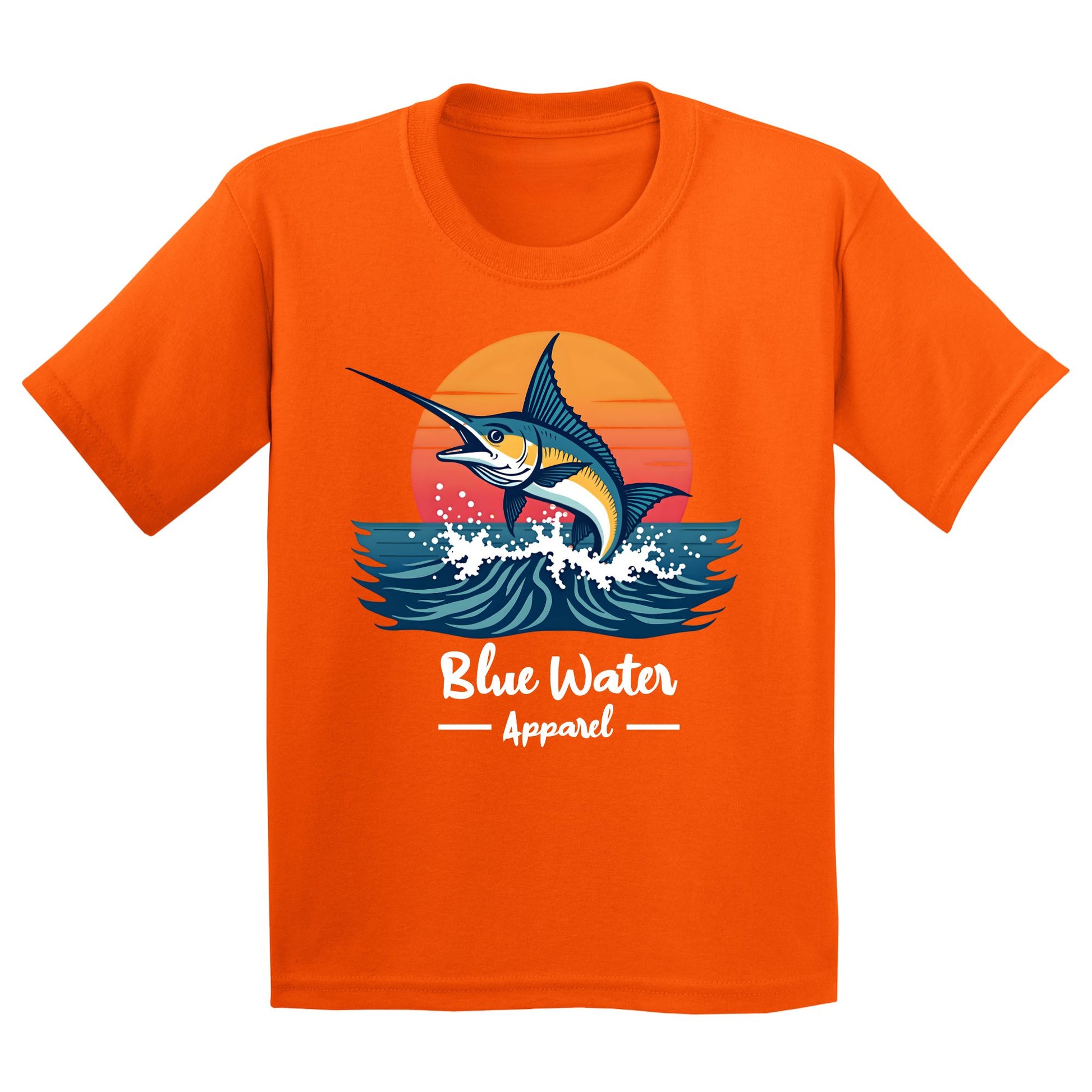flat lay orange vintage marlin kids tee by blue water apparel