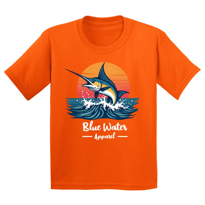 flat lay orange vintage marlin kids tee by blue water apparel