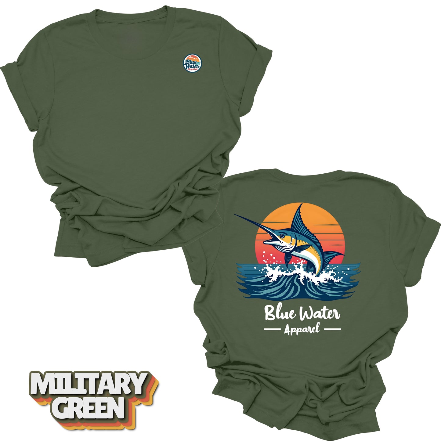 Back graphic of vintage marlin tee in Military Green by Blue Water Apparel