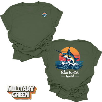 Back graphic of vintage marlin tee in Military Green by Blue Water Apparel