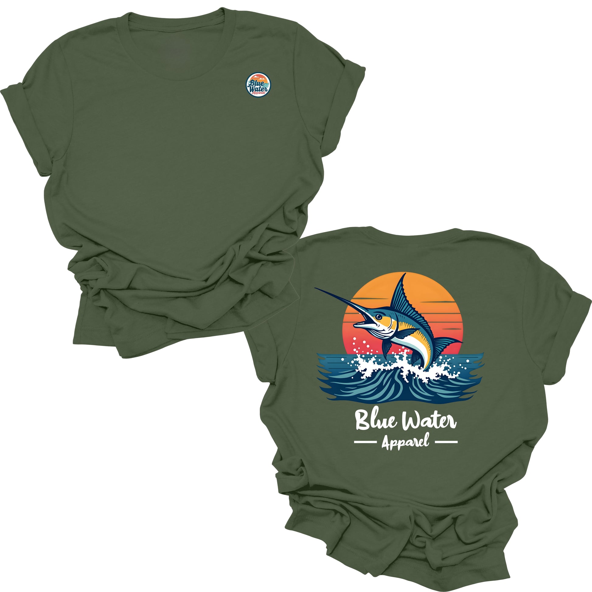 flat lay military green vintage marlin tee by blue water apparel