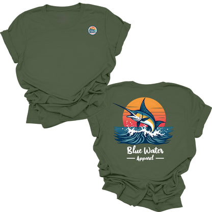 flat lay military green vintage marlin tee by blue water apparel