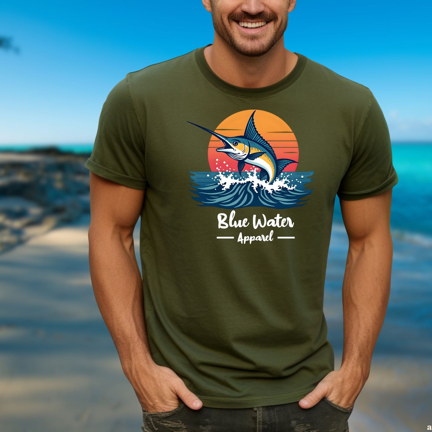 model wearing vintage marlin tee in military green by blue water apparel