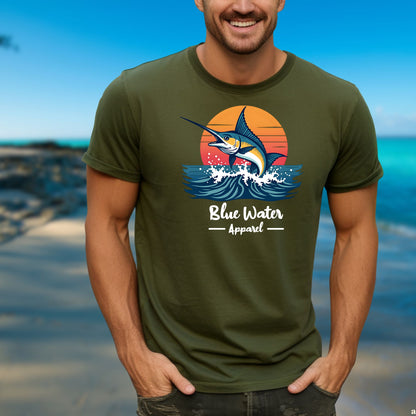 model wearing vintage marlin tee in military green by blue water apparel