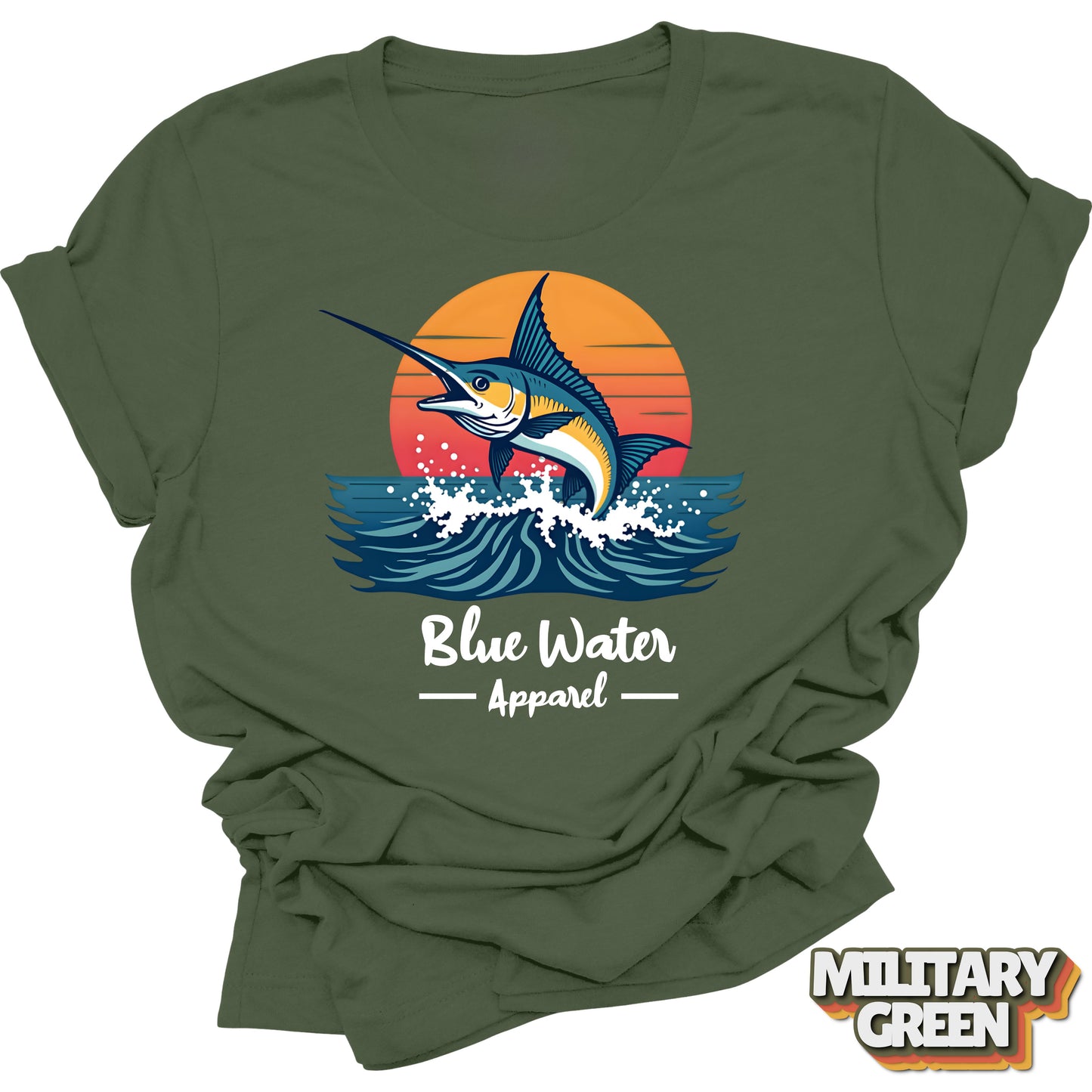 front graphic vintage marlin tee in military green by blue water apparel