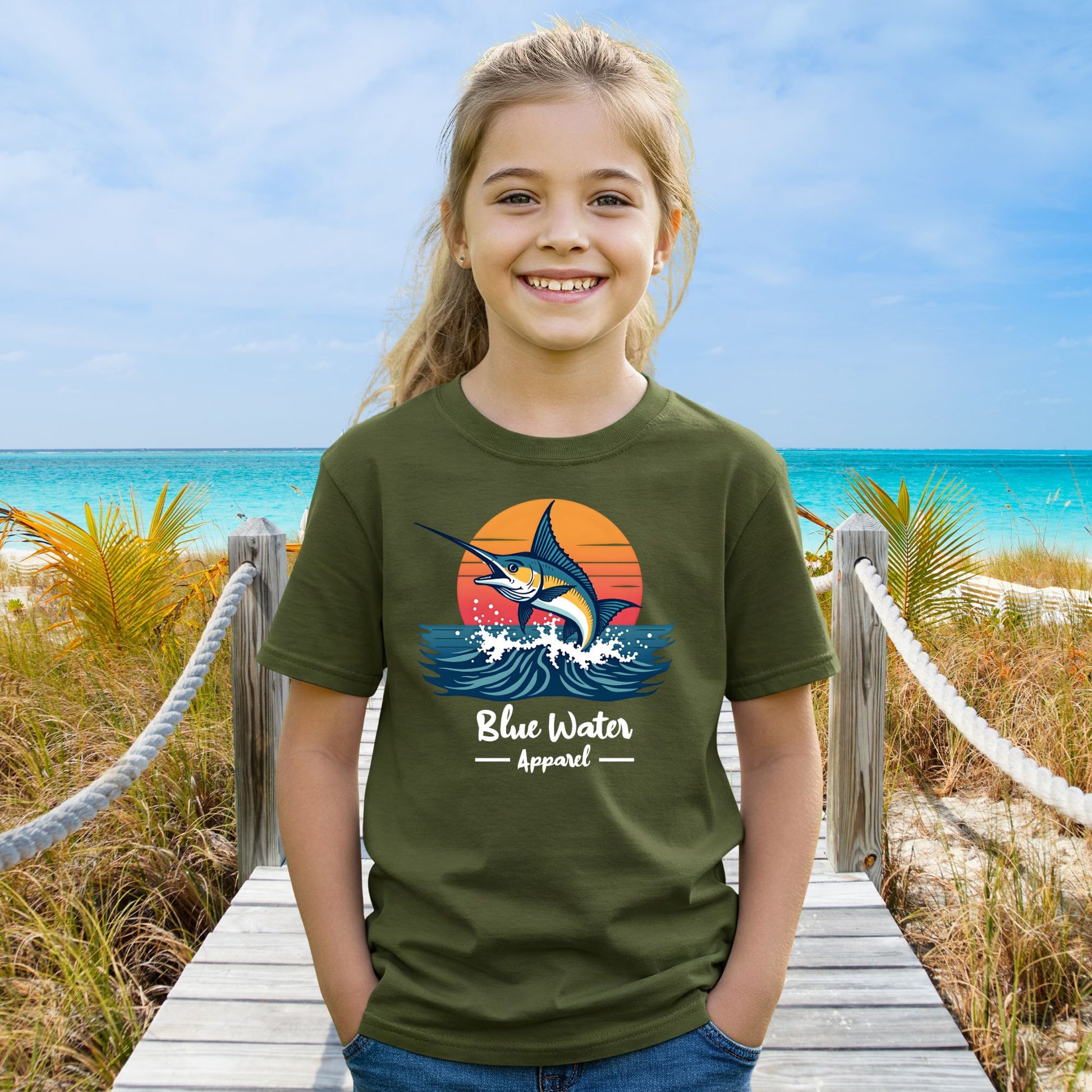 Model wearing vintage fishing tee  in military green by blue water apparel