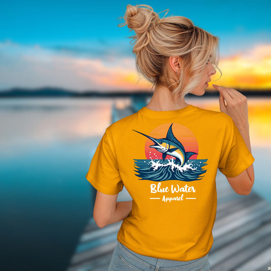 Model wearing gold vintage marlin tee by blue water apparel
