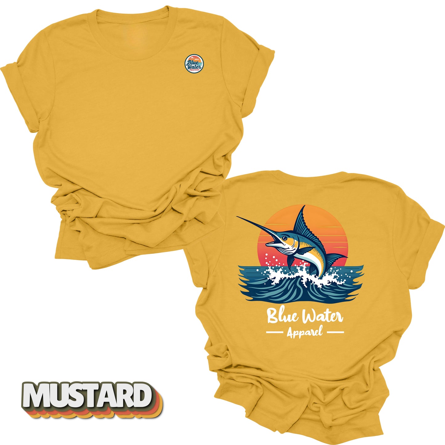 Back graphic of vintage marlin tee in Mustard by Blue Water Apparel