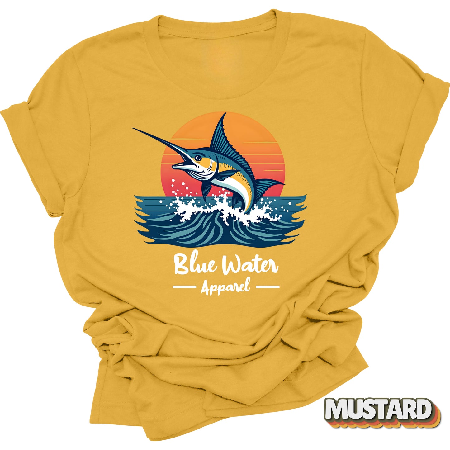 front graphic vintage marlin tee in mustard by blue water apparel