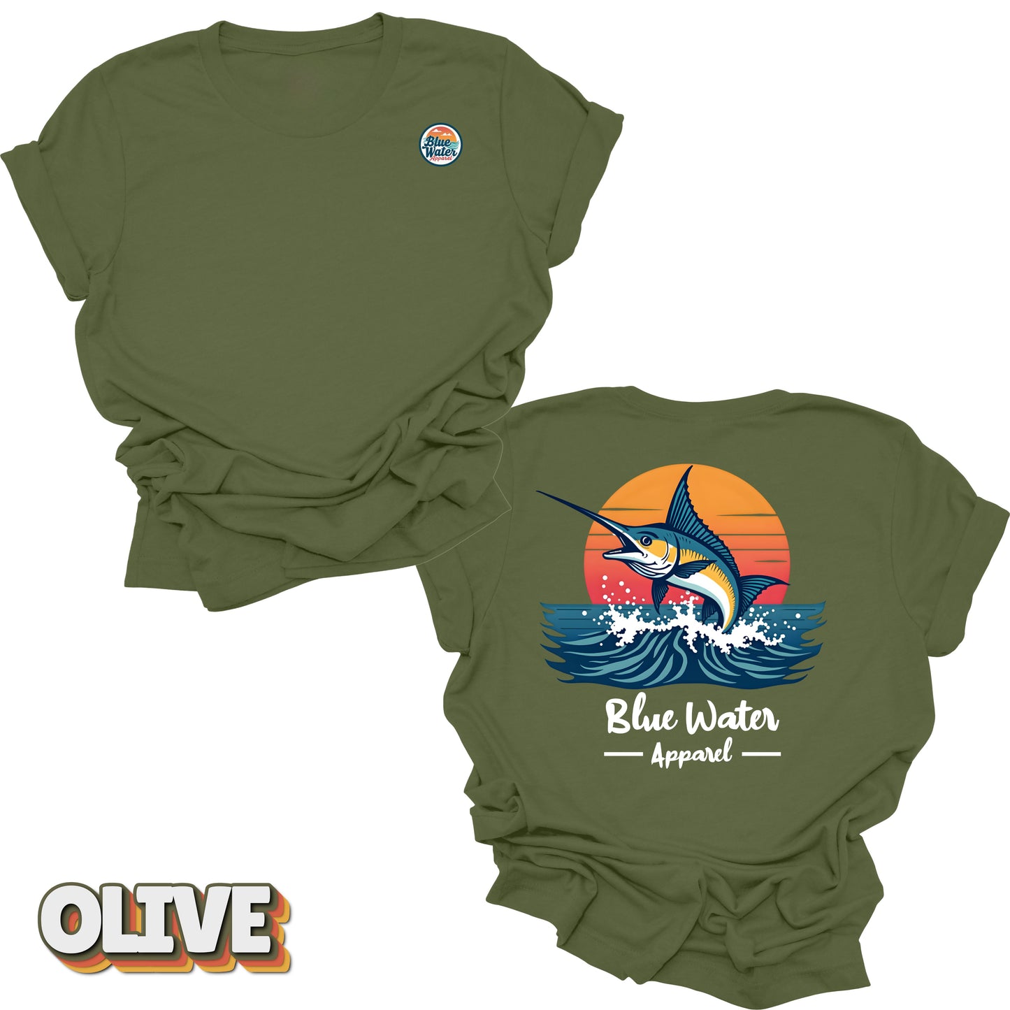 Back graphic of vintage marlin tee in Olive by Blue Water Apparel