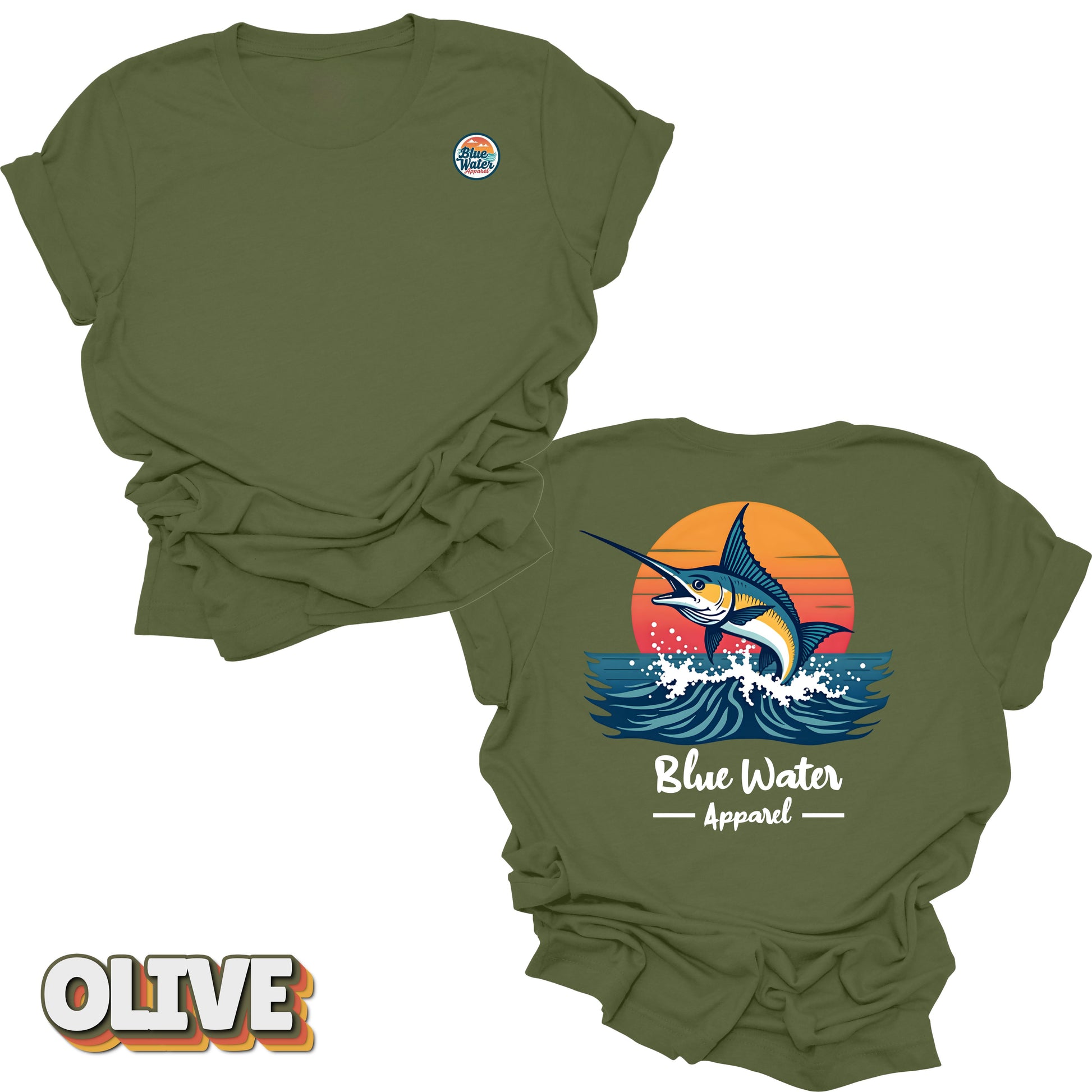 Back graphic of vintage marlin tee in Olive by Blue Water Apparel