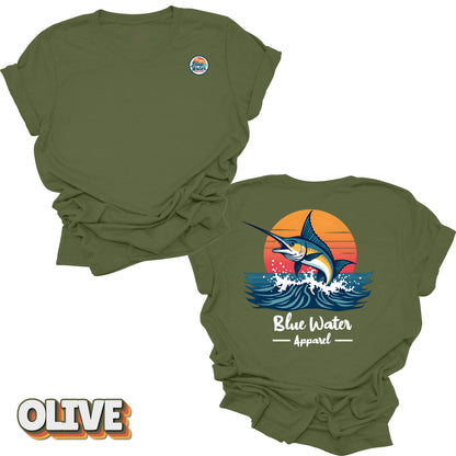 Back graphic of vintage marlin tee in Olive by Blue Water Apparel