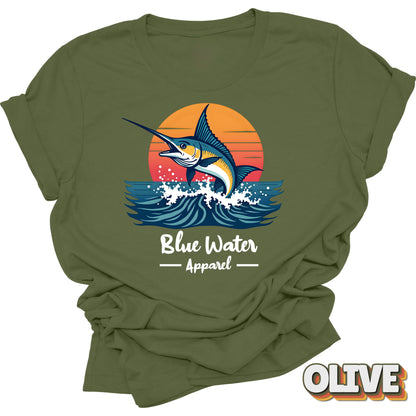 front graphic vintage marlin tee in olive by blue water apparel