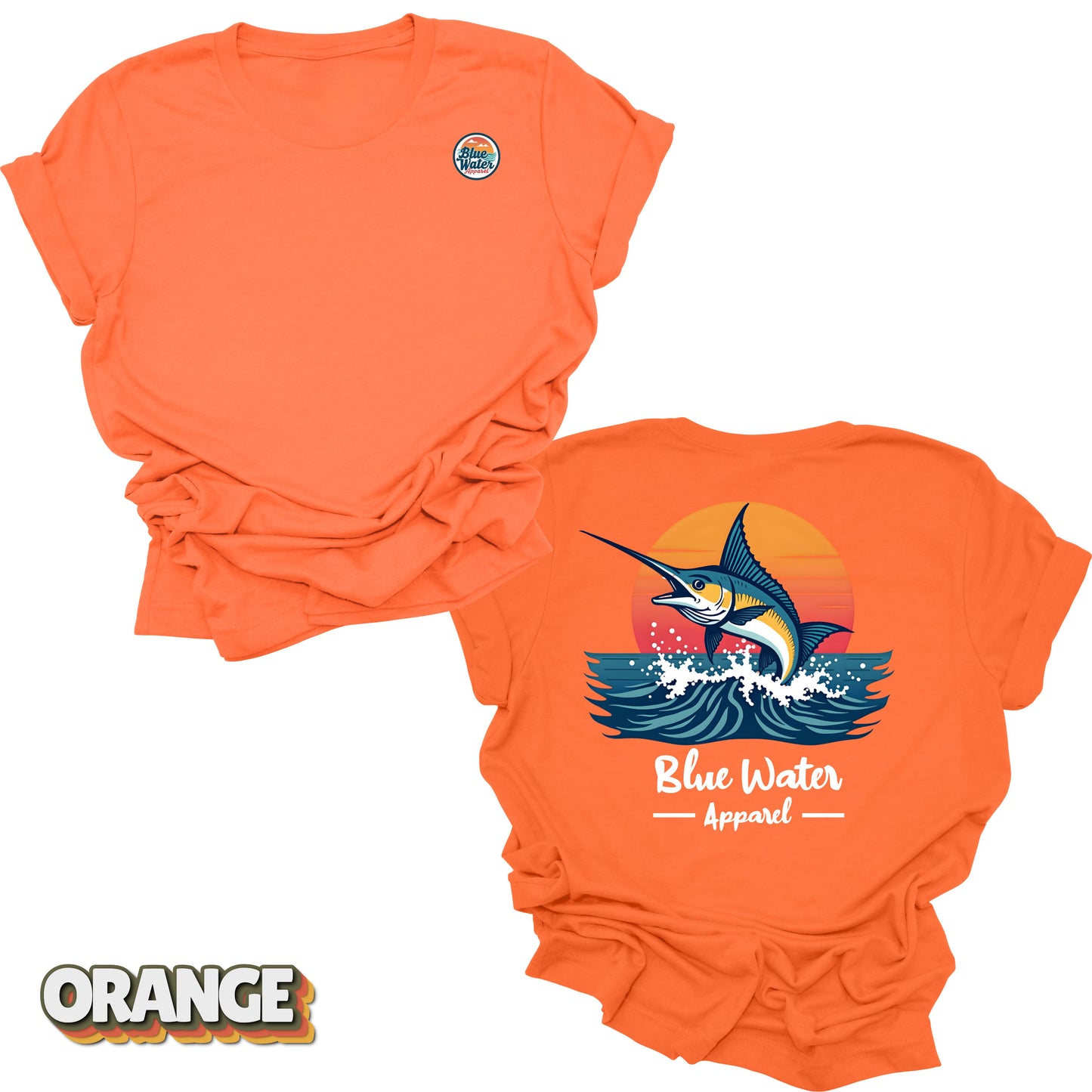 Back graphic of vintage marlin tee in Orange by Blue Water Apparel