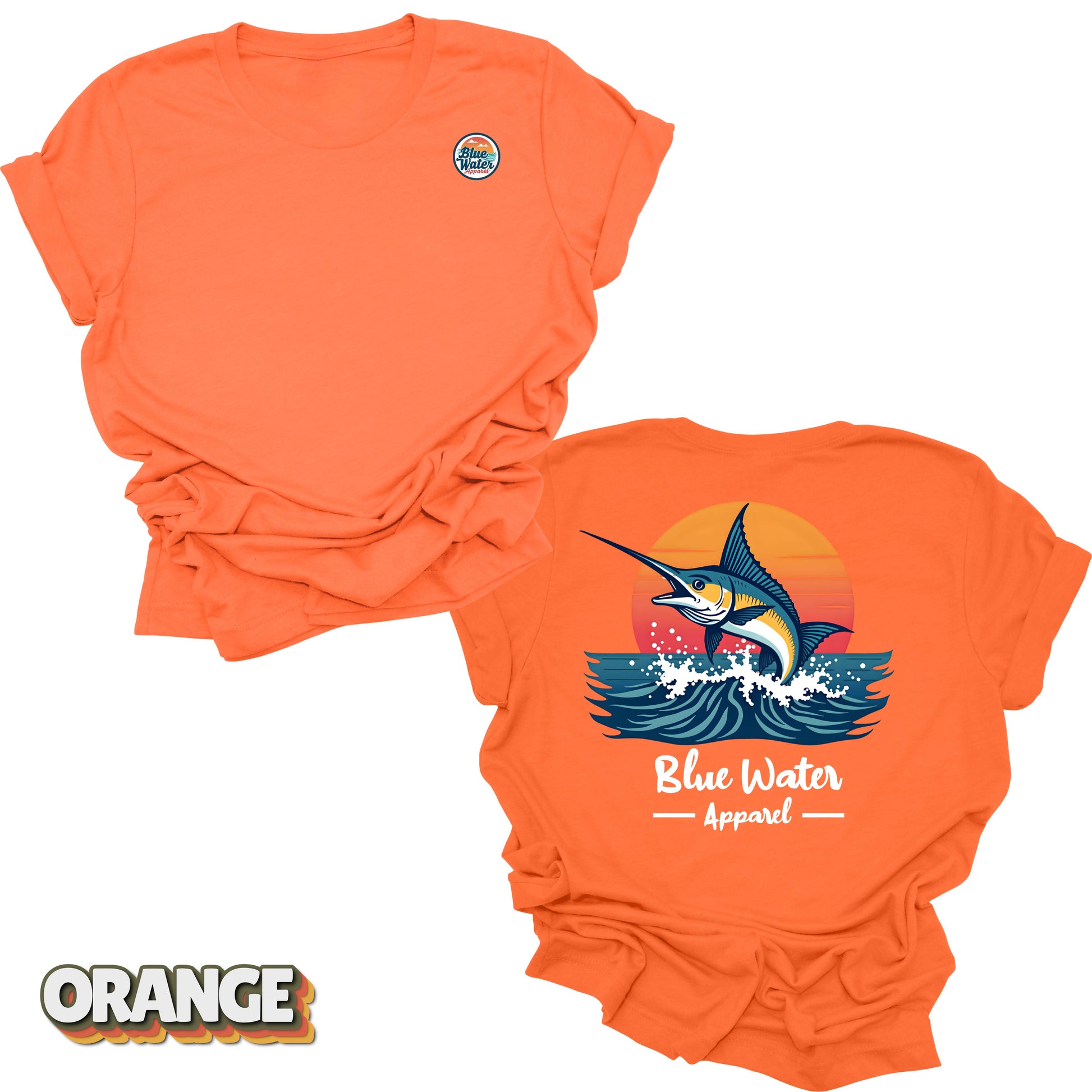 Back graphic of vintage marlin tee in Orange by Blue Water Apparel