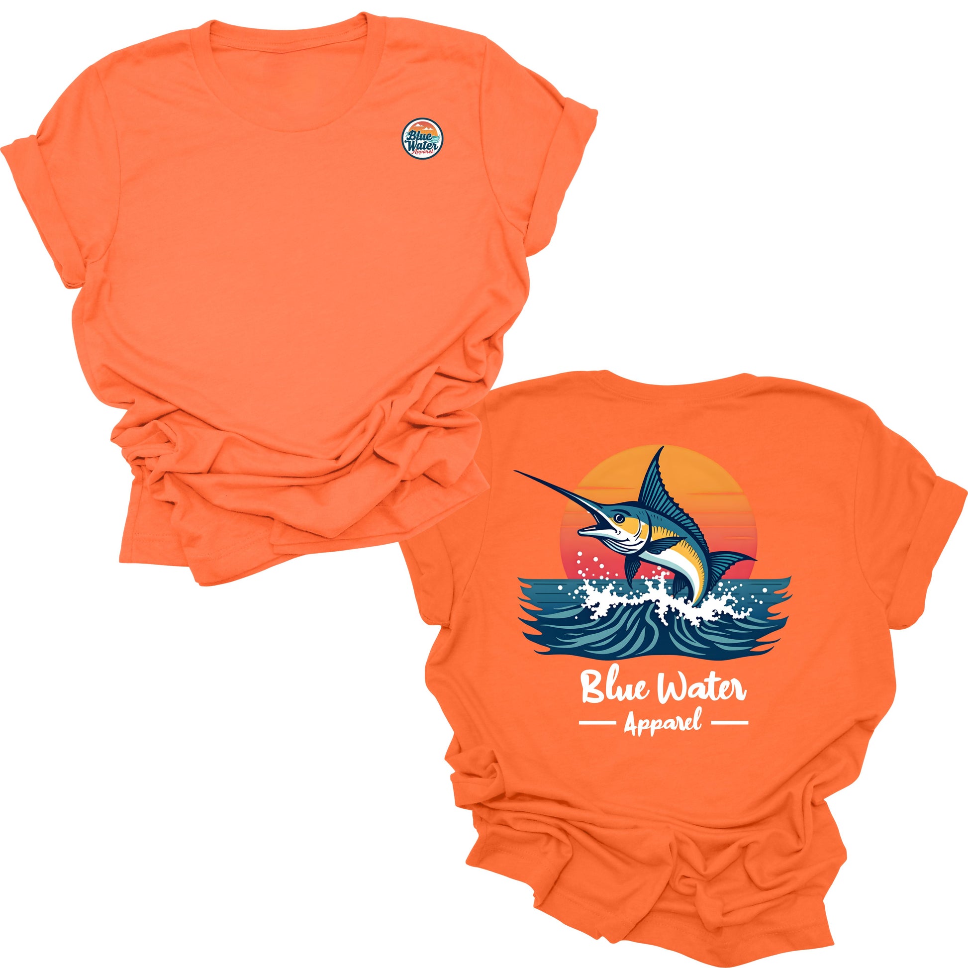 flat lay orange vintage marlin tee by blue water apparel