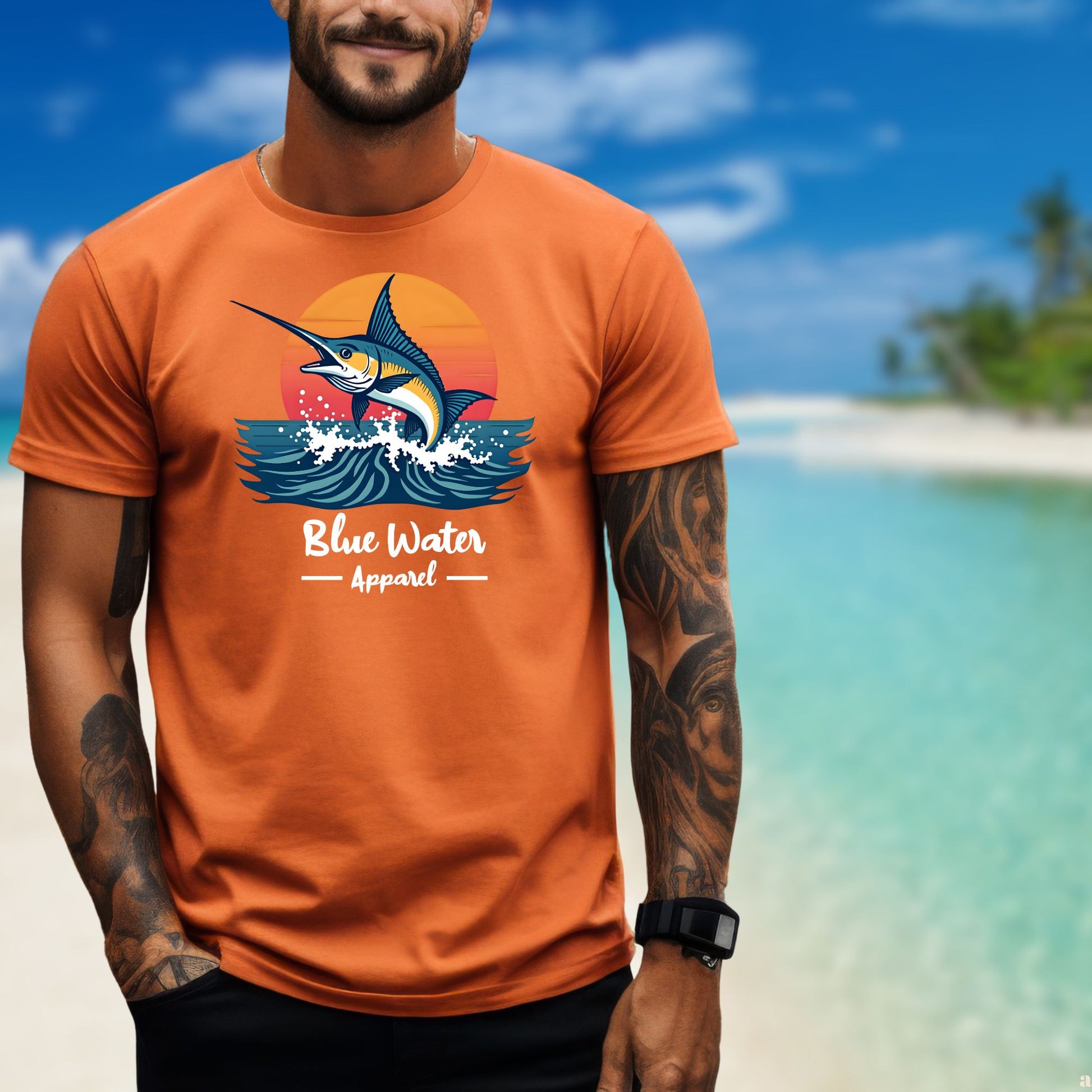 male model wearing an orange vintage marlin tee by blue water apparel