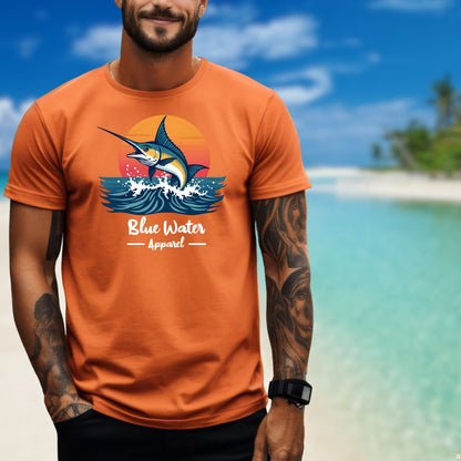 male model wearing an orange vintage marlin tee by blue water apparel