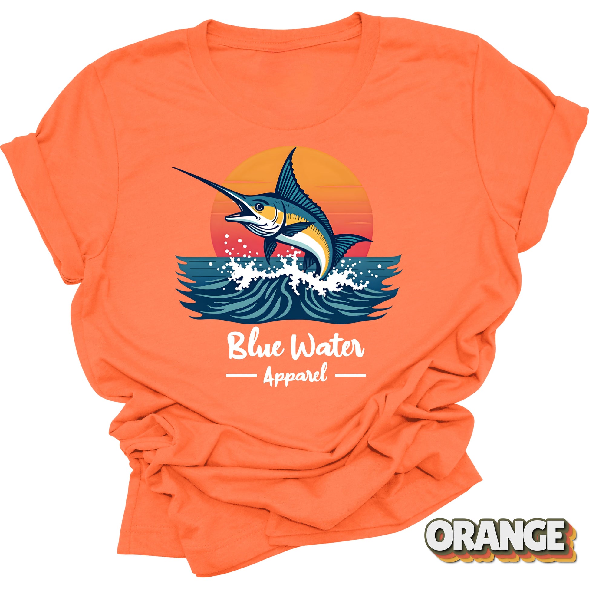front graphic vintage marlin tee in orange by blue water apparel