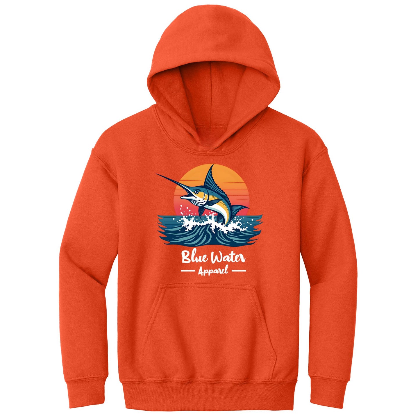 flat lay orange vintage marlin kids hoodie by blue water apparel