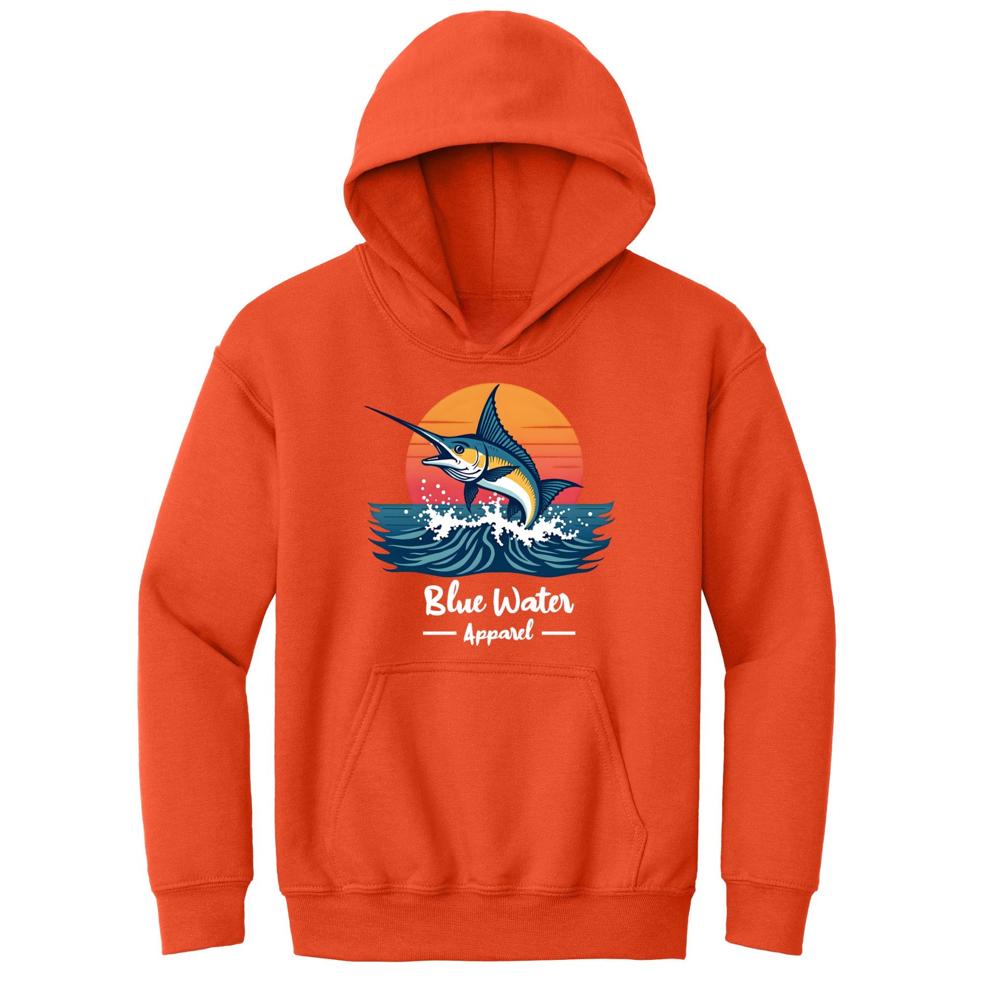 flat lay orange vintage marlin kids hoodie by blue water apparel