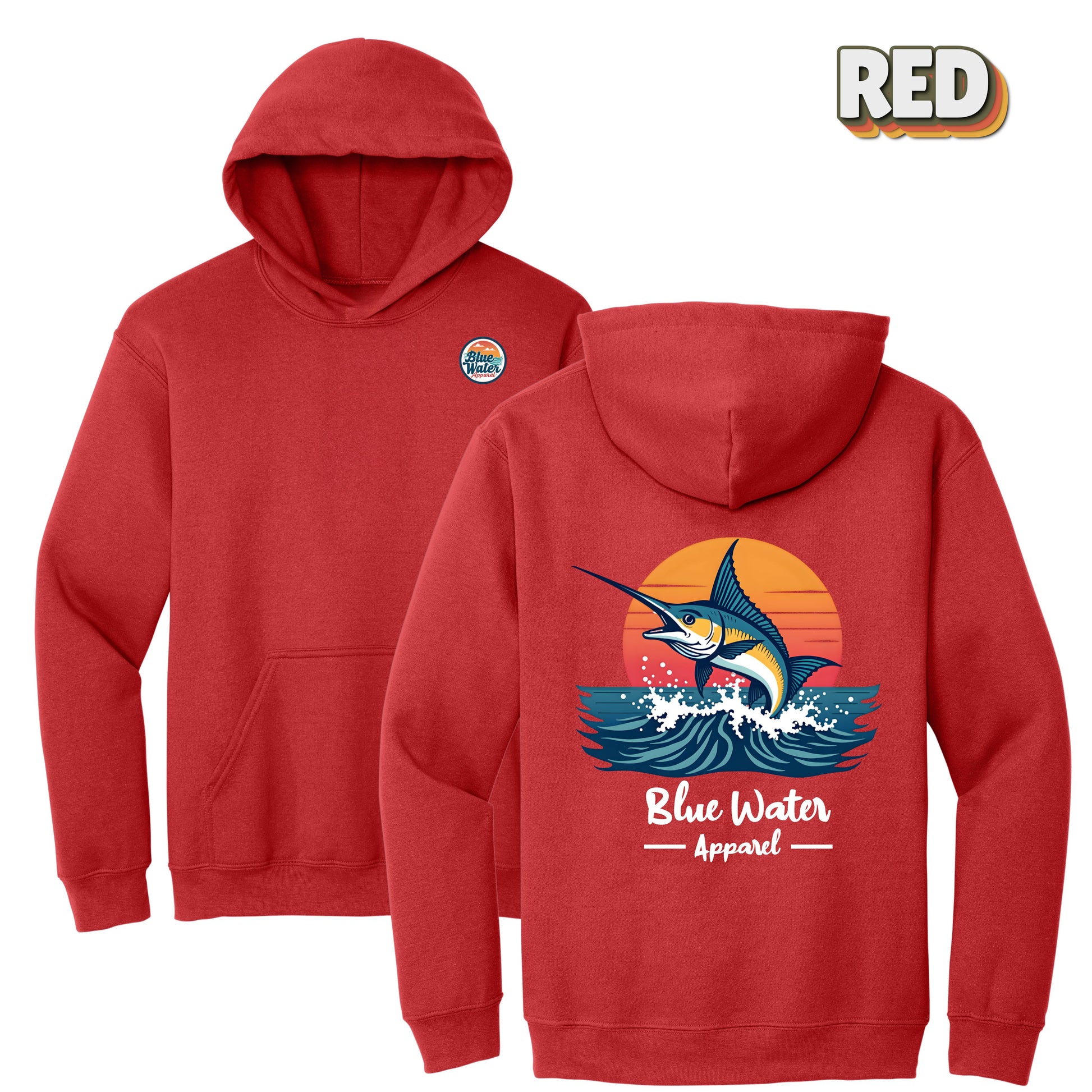 flat lay back graphic red vintage marlin hoodie by blue water apparel