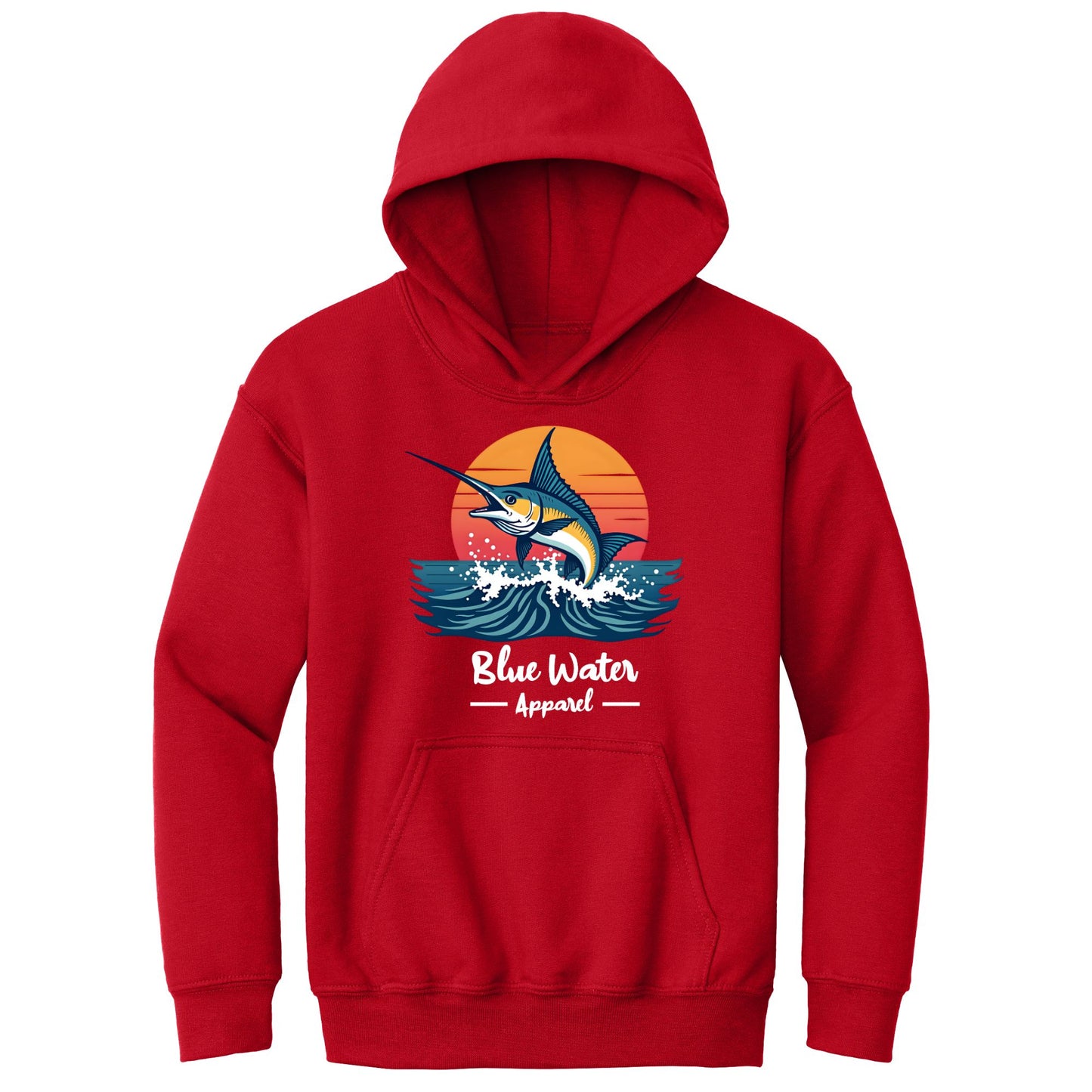 flat lay red vintage marlin kids hoodie by blue water apparel