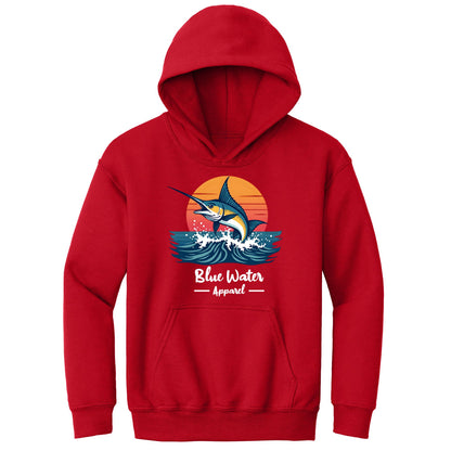 flat lay red vintage marlin kids hoodie by blue water apparel