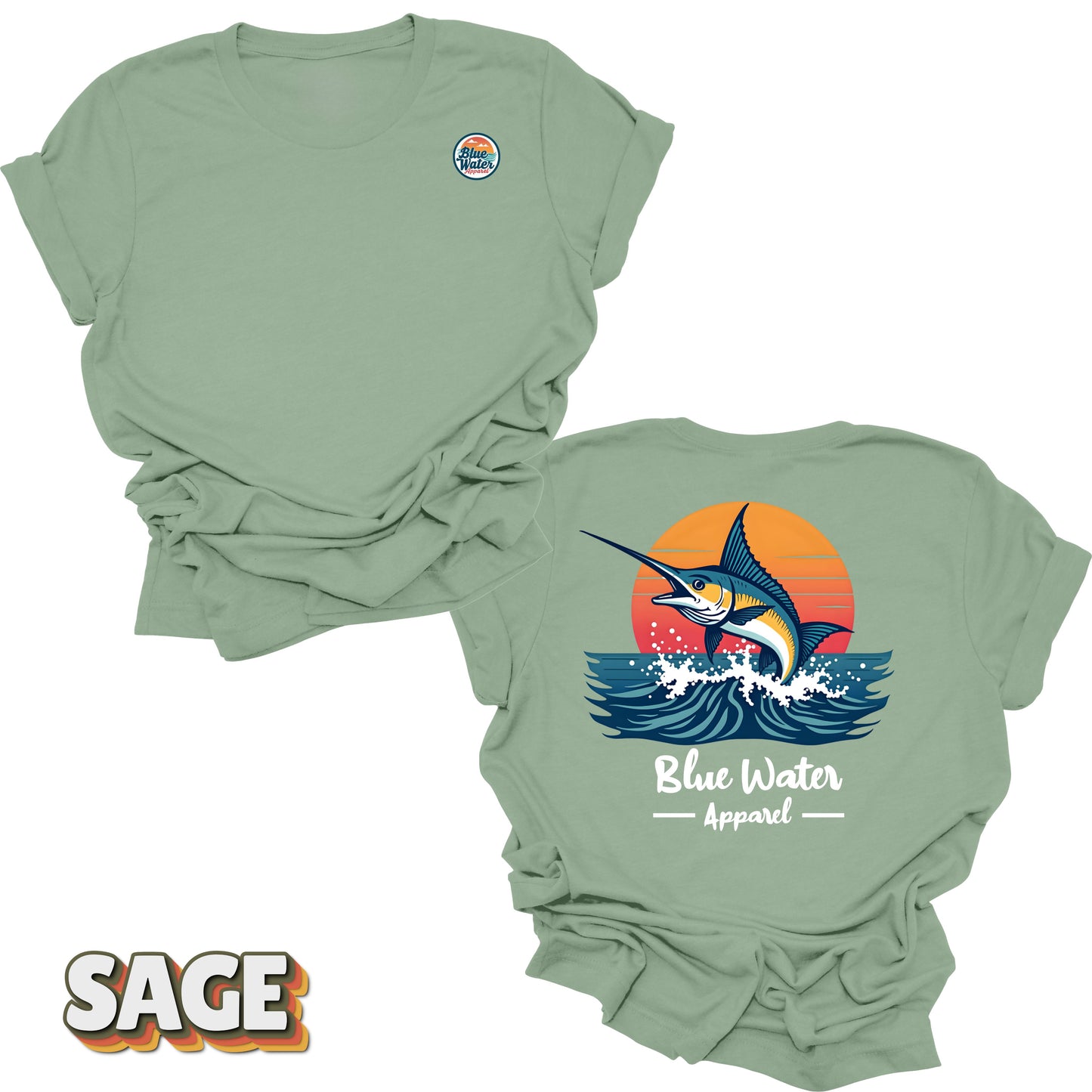 Back graphic of vintage marlin tee in Sage by Blue Water Apparel