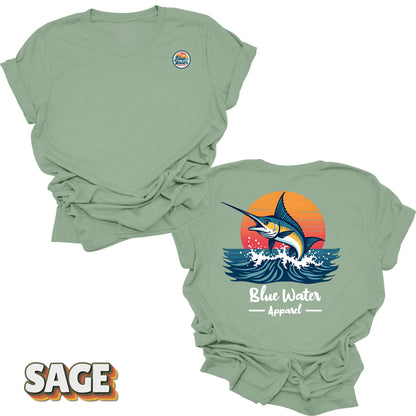 Back graphic of vintage marlin tee in Sage by Blue Water Apparel