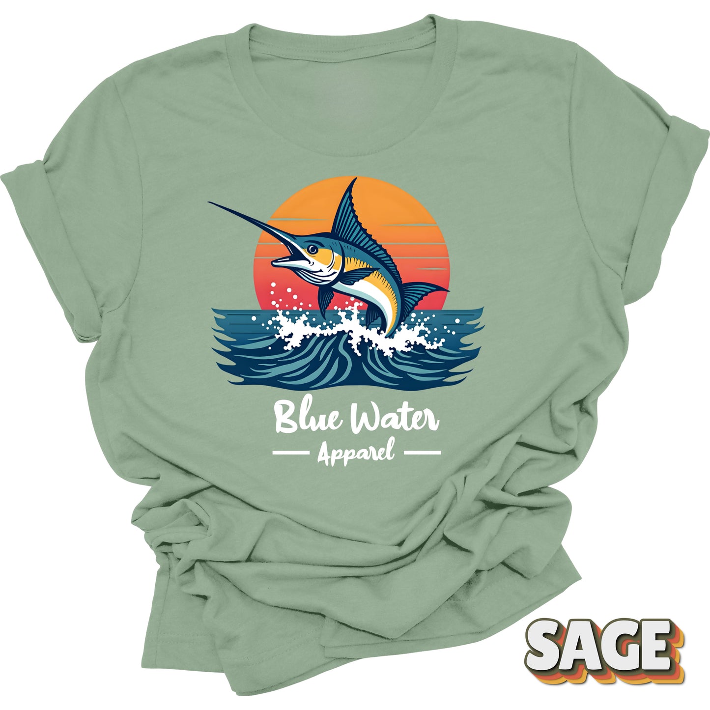 front graphic vintage marlin tee in sage by blue water apparel