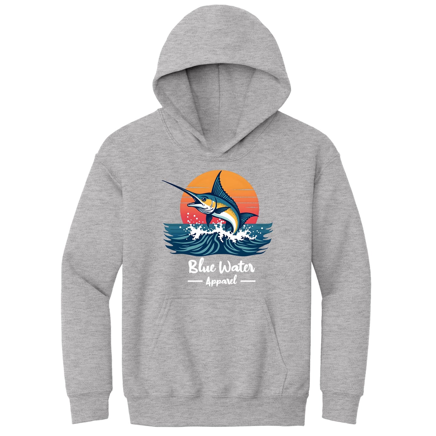 flat lay sport grey vintage marlin kids hoodie by blue water apparel