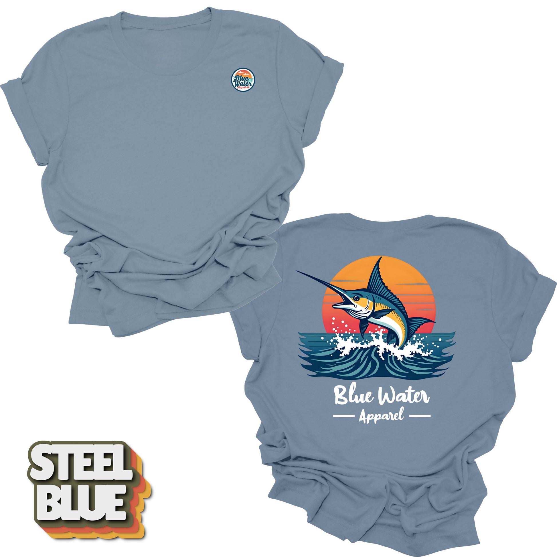 Back graphic of vintage marlin tee in Steel Blue by Blue Water Apparel